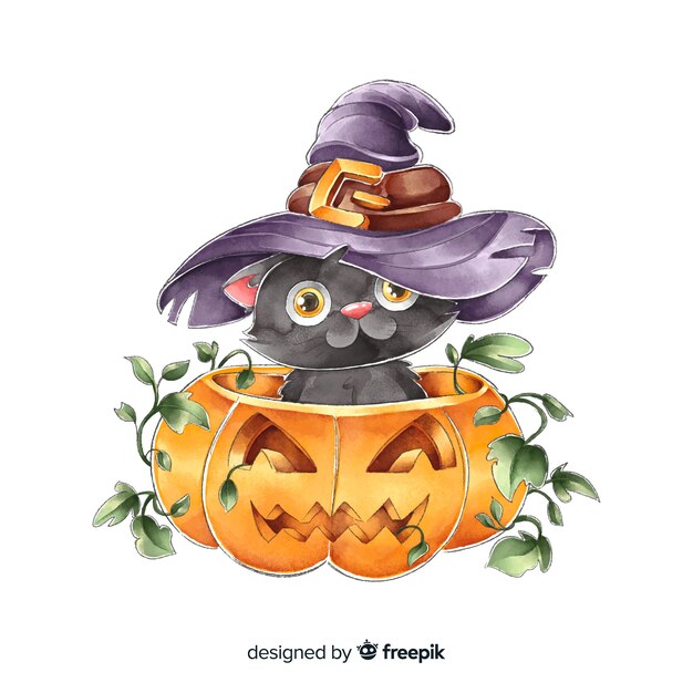 Симпатичная акварель Хэллоуин черная кошка с ведьмина шляпа