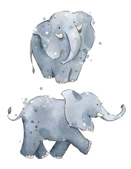 Симпатичные акварельные слоны ручная роспись иллюстрации