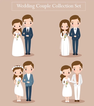 Cute wedding bride and groom couple set for wedding invitation card