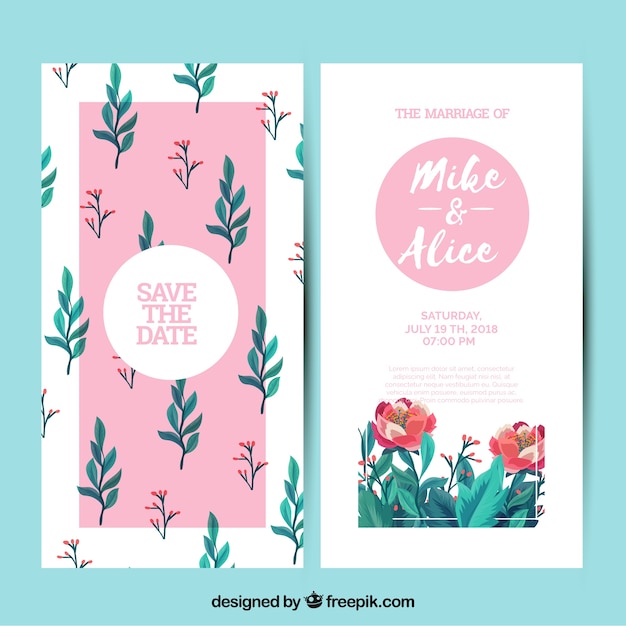 Cute wedding card with flowers and leaves