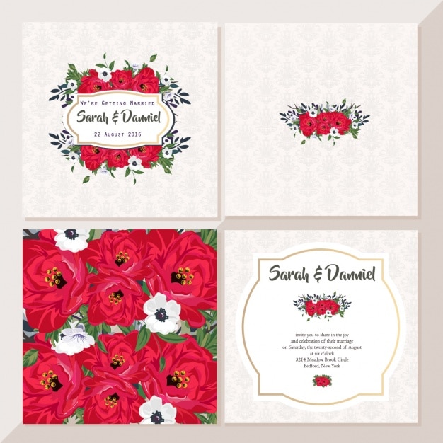 Free vector cute wedding cards with red flowers