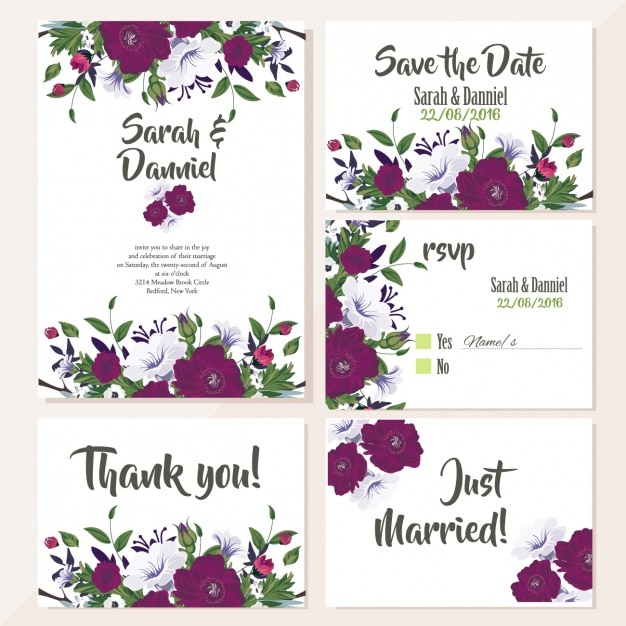 Cute wedding cards with violet flowers