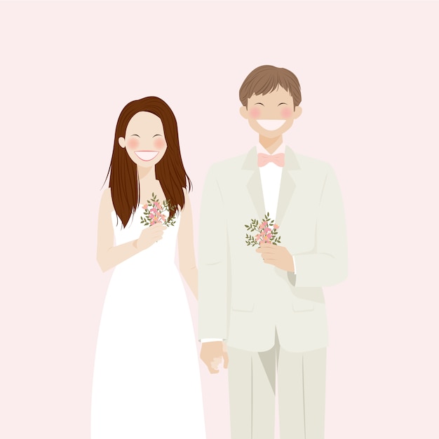 レトロで素朴なテーマ 白いウェディングドレスとスーツの結婚式の服装を着て笑顔と幸せで晴れやかなかわいい結婚式のカップル プレミアムベクター