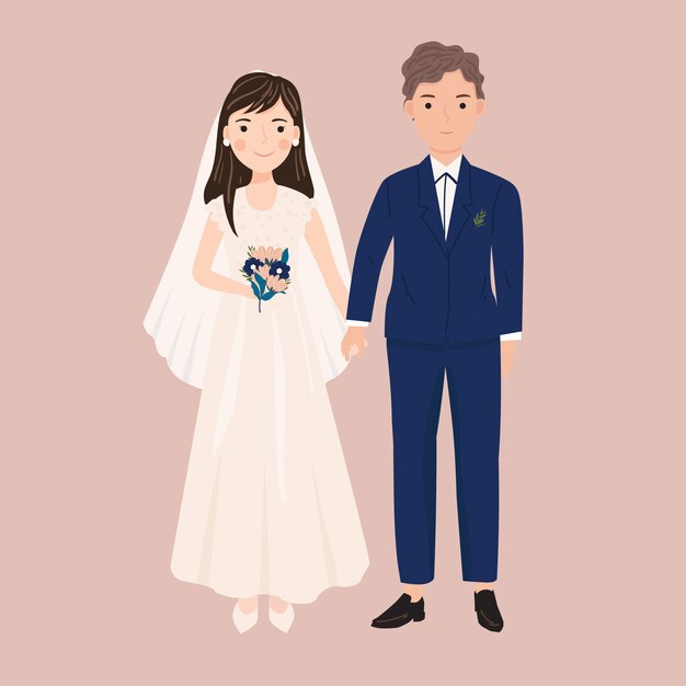漫画スタイルのイラストでかわいい結婚式のカップル プレミアムベクター