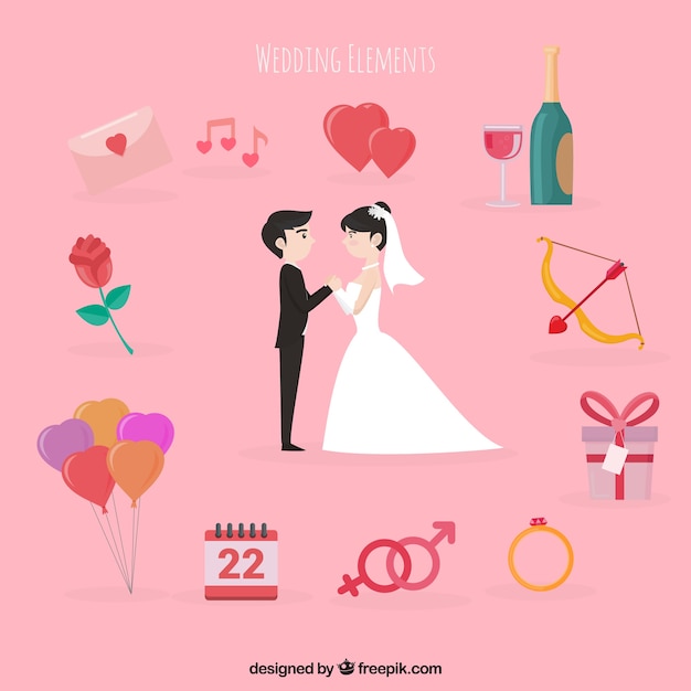 Cute wedding couple with elements around