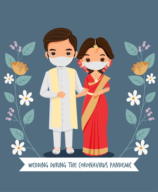 Download Premium Vector | Wedding couple wearing face masks