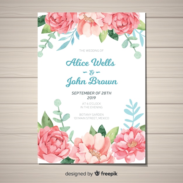 Cute wedding invitation template with watercolor peony flowers