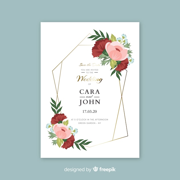 Cute wedding invitation with flowers template