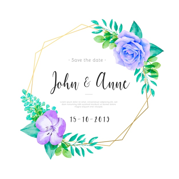 Cute wedding invitation with watercolor flowers and leaves