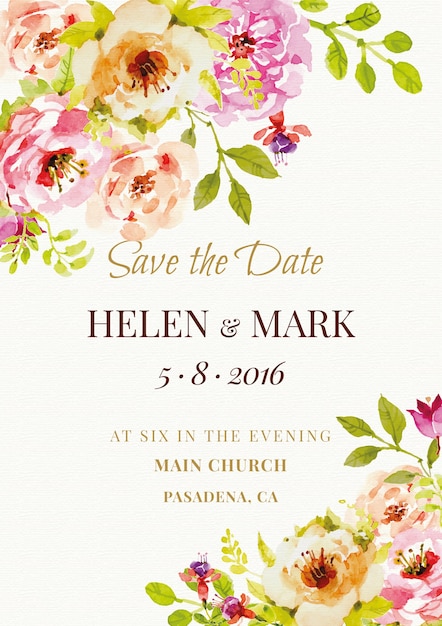 Cute wedding invitation with watercolor flowers