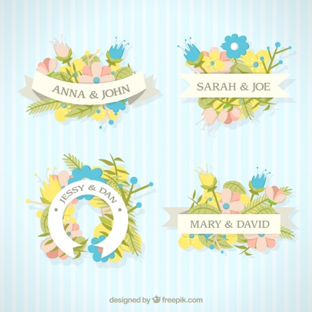 Free Vector cute wedding labels with flowers and ribbons