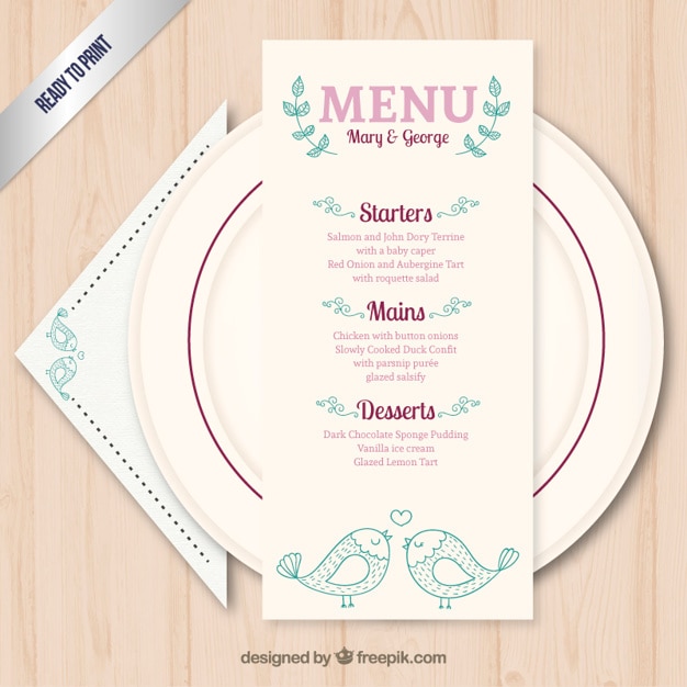 Vettore gratuito modello di menu carino matrimonio