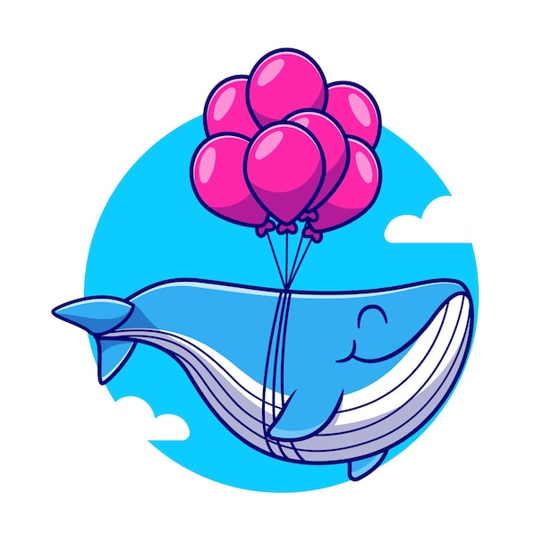 Cute Whale Floating With Balloon Cartoon   Illustration. Animal Nature  Concept Isolated  . Flat Cartoon Style