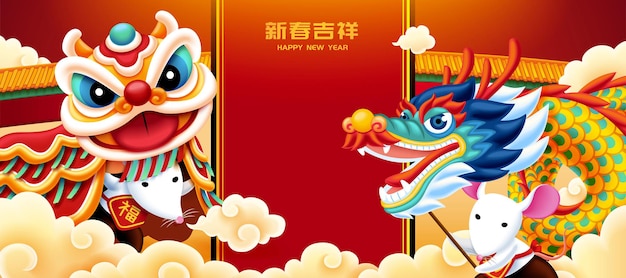 Cute white mice playing dragon and lion dance for lunar year