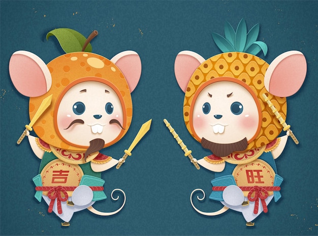 Cute white mouse door god wearing orange and pineapple headgear on blue background