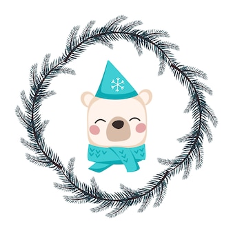 모자와 스카프에 귀여운 흰색 북극곰 축제 크리스마스 화환 푸에서 프레임과 유치 한 스타일에...