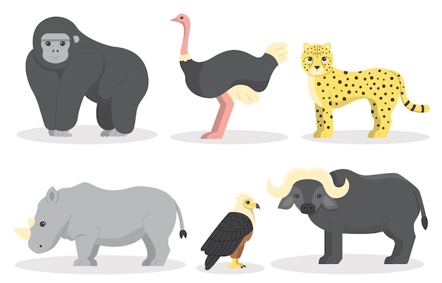 Милое дикое животное с гориллой, страусом, леопардом, носорогом, ястребом и быком, рисующим персонажей мультфильмов на белом фоне векторная иллюстрация