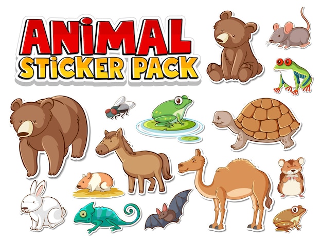 Cute wild animals sticker pack isolated