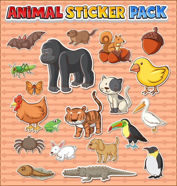 Cute wild animals sticker pack isolated