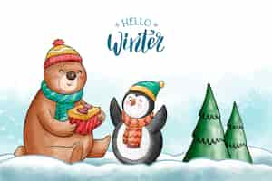 Free vector cute winter characters background