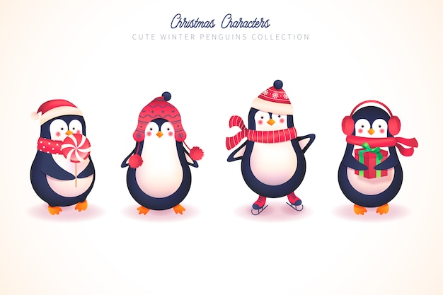 Симпатичная зимняя коллекция пингвинов на Рождество