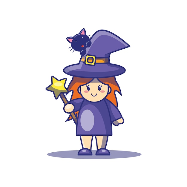 かわいい魔女と猫の漫画イラスト ハロウィーンのアイコンの概念 プレミアムベクター