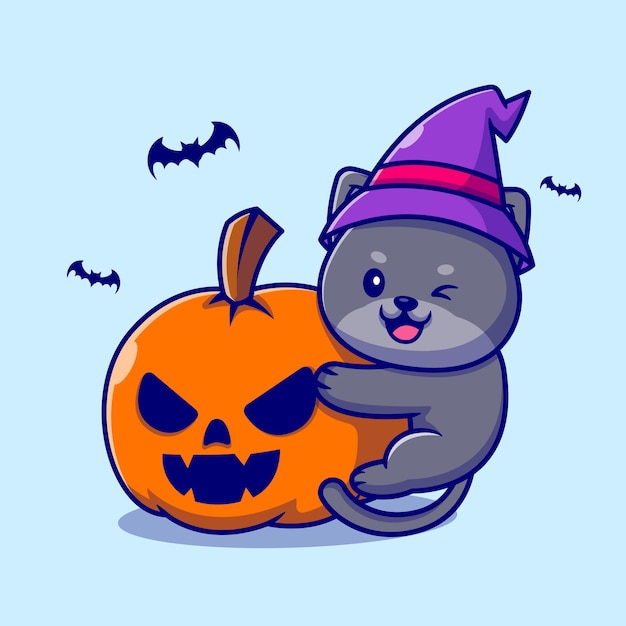 Cute witch cat hug pumpkin halloween cartoon illustration.