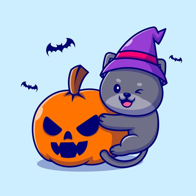 Cute Witch Cat Hug Pumpkin Halloween Cartoon Illustration.