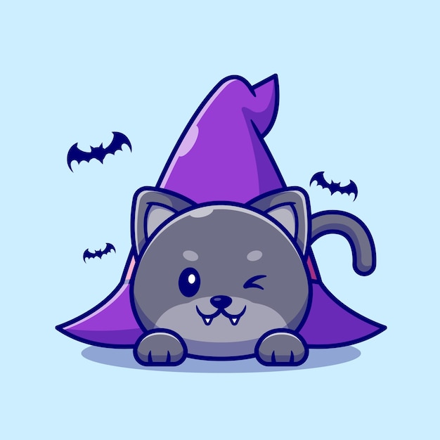 Милая кошка ведьма, лежа под шляпу ведьмы иллюстрации шаржа.