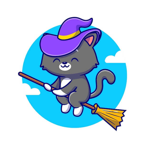 Cute Witch Cat Riding Magic Broom