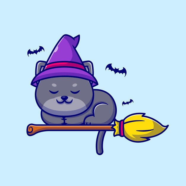 Cute Witch Cat Sleeping On Magic Broom Cartoon Illustration.