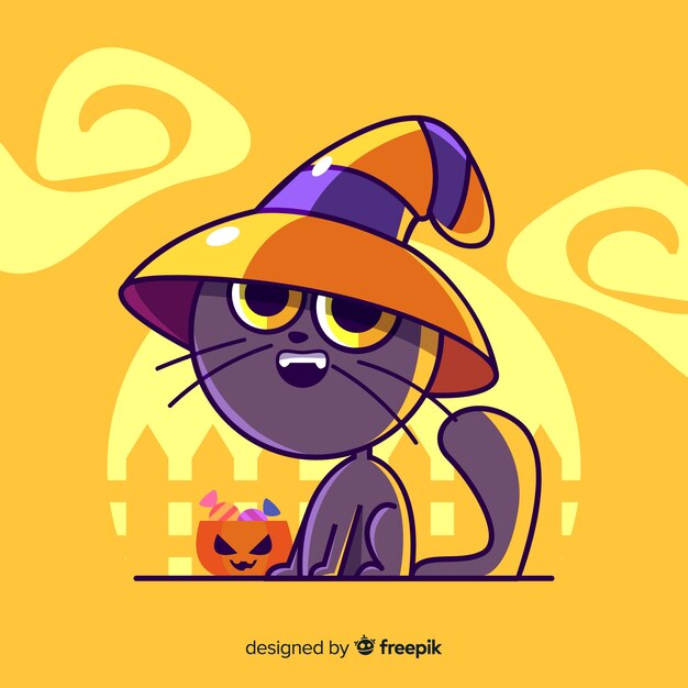 Cute witchy cat on yellow background