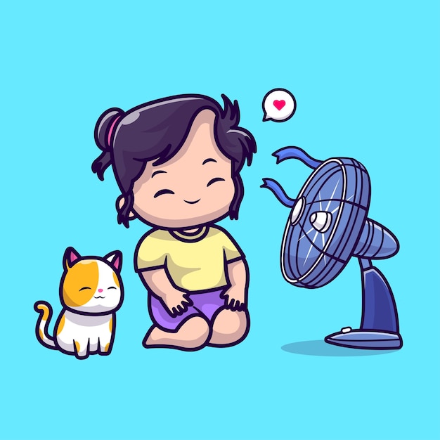 Free vector cute woman and cat sitting with fan cartoon vector icon illustration people animal icon isolated