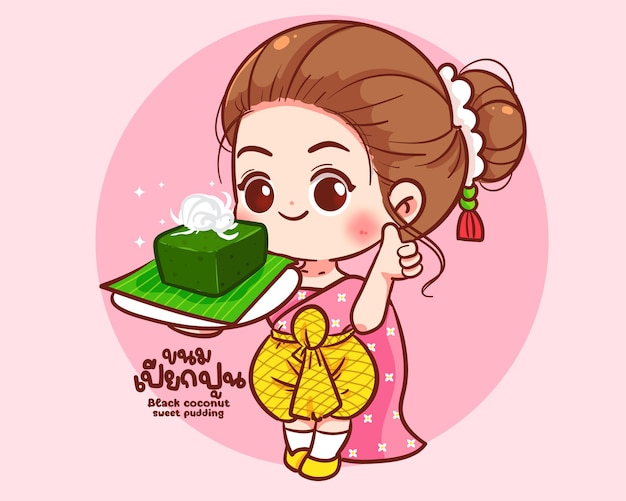 Cute woman chef holding black coconut sweet pudding Thai Dessert logo tasty sweet food hand drawn cartoon art illustration