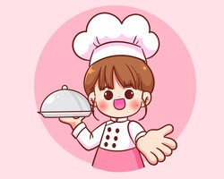 Cute woman chef holding cloche food tray hand drawn logo cartoon art illustration