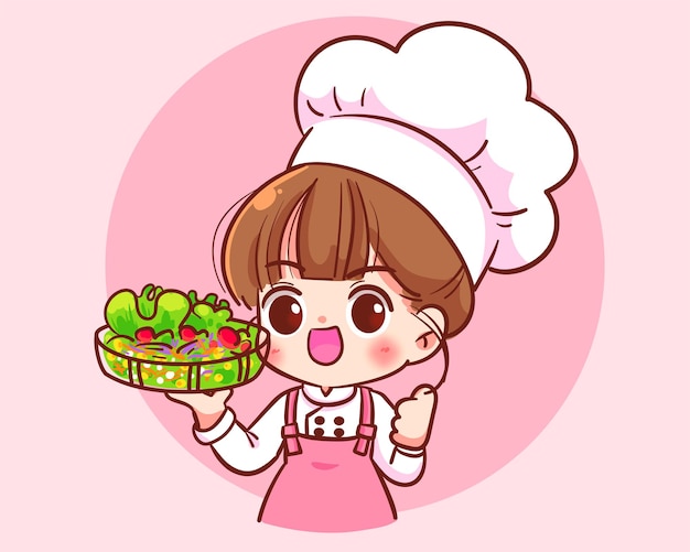 Cute woman chef holding vegetarian salad healthy restaurant food logo hand drawn cartoon art illustration