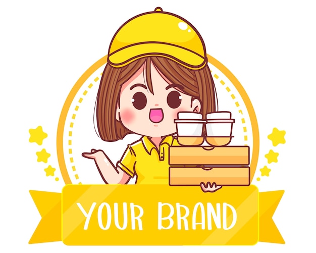 Cute woman delivery logo cartoon art illustration