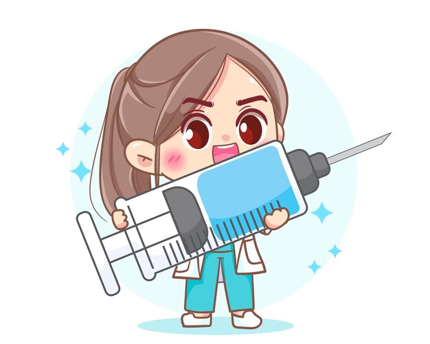 Cute woman Doctor holding syringe vaccine hand drawn cartoon art illustration