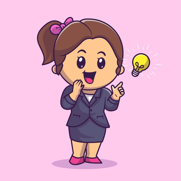 Cute Woman Get An Idea Cartoon Vector Icon Illustration. People Business Icon Concept Isolated Premium Vector. Flat Cartoon Style