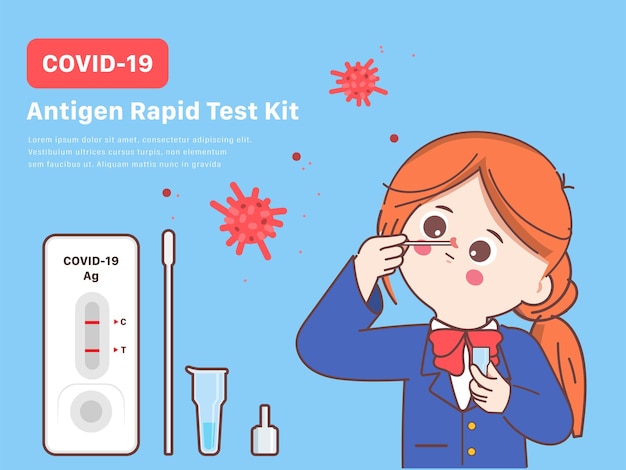 Donna carina in giappone studente che usa il kit per il test dell'antigene covid19 personaggio swabdoodle autogestito