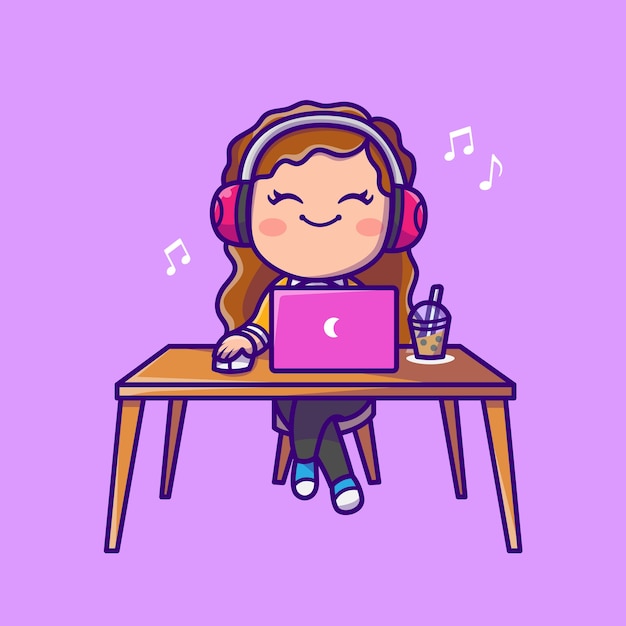 Vettore gratuito musica d'ascolto della donna sveglia sul computer portatile con l'illustrazione dell'icona del fumetto della cuffia. persone tecnologia icona concetto isolato. stile cartone animato piatto