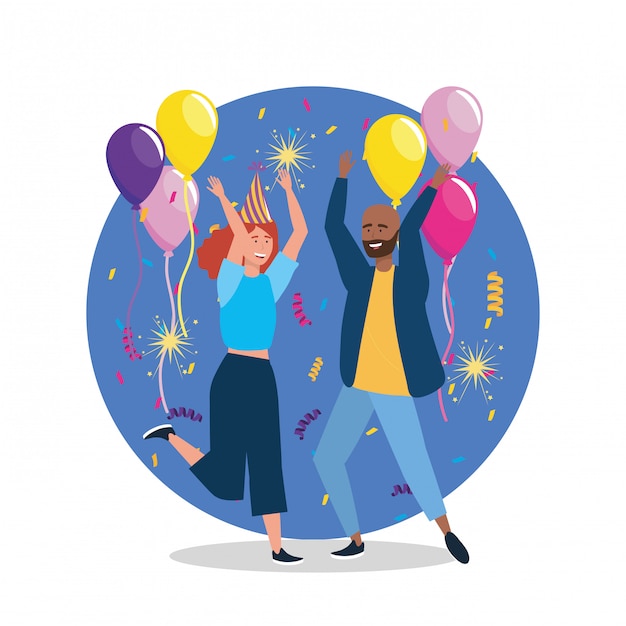 Free vector cute woman and man dancing with confetti decoration