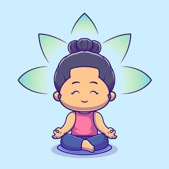 Illustrazione sveglia dell'icona di vettore del fumetto di yoga di meditazione della donna. concetto di icona di sport di persone isolato vettore premium. stile cartone animato piatto
