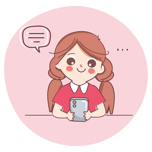 스마트폰을 사용하여 소셜 미디어에서 채팅하는 귀여운 여자 귀여운 만화 낙서 캐릭터