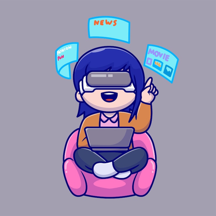 Free Vector cute woman working on laptop with virtual reality cartoon vector icon illustration people techno