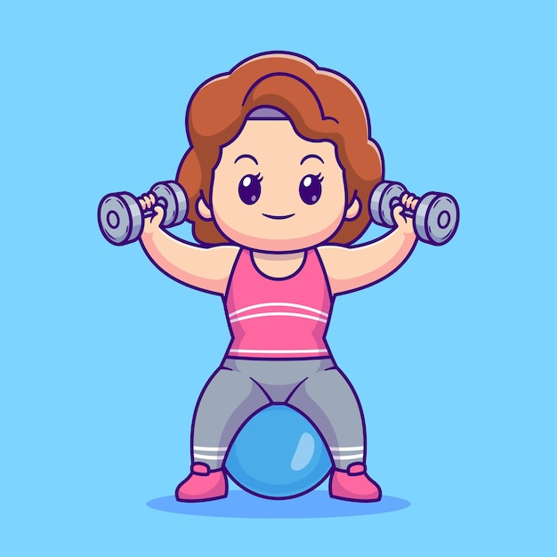 Free vector cute woman workout with dumbell and fitness ball cartoon vector icon illustration. people sport icon