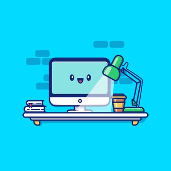 かわいいワークスペースデスクトップアイコンイラスト 分離された技術アイコンコンセプト フラット漫画スタイル プレミアムベクター かわいいワークスペースデスクトップアイコンイラスト 分離された技術アイコンコンセプト フラット漫画スタイル プレミアムベクター