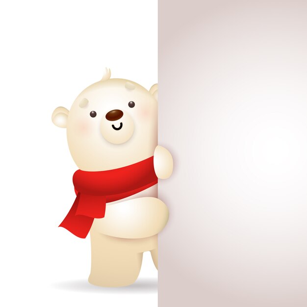 Cute Xmas bear peeking out from blank vertical banner