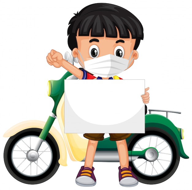 Cute young boy cartoon character holding blank banner