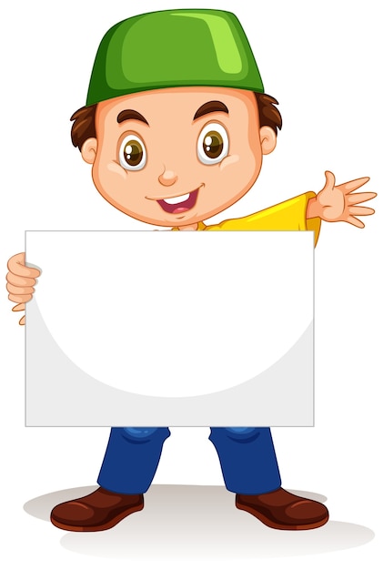 Cute young boy character holding blank banner